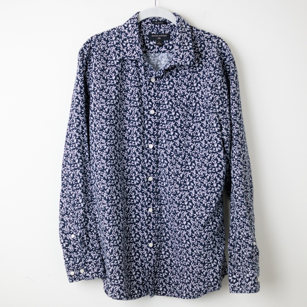 Banana Republic Linen Cotton Shirt Mens Large Blue Slim Fit Leaf Print Button Up